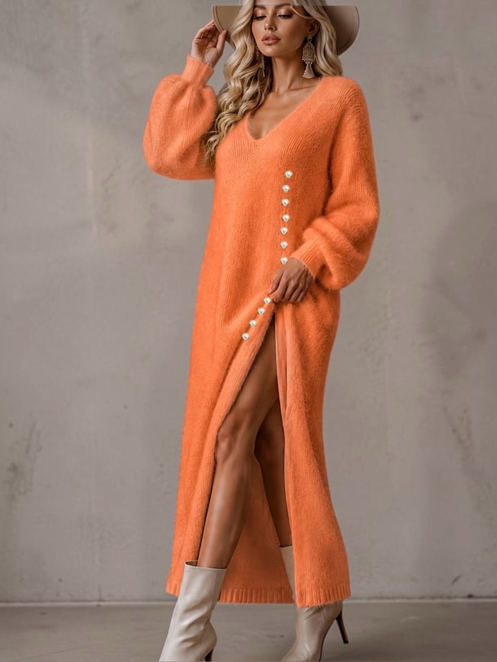 V-Neck Long Knit Dress with Side Button Detail - Orange